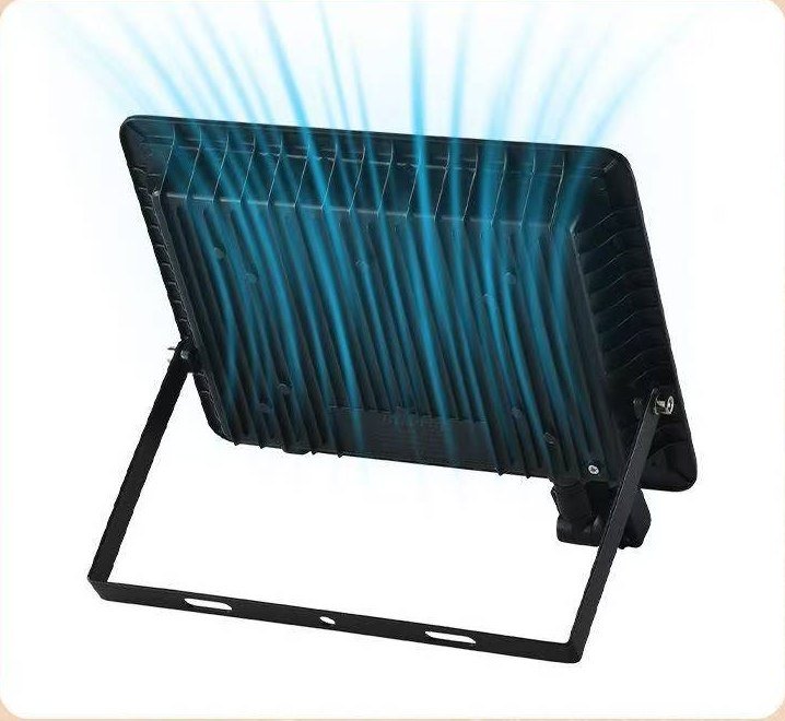 Back of slim LED floodlight showing die-cast aluminum cooling fins
