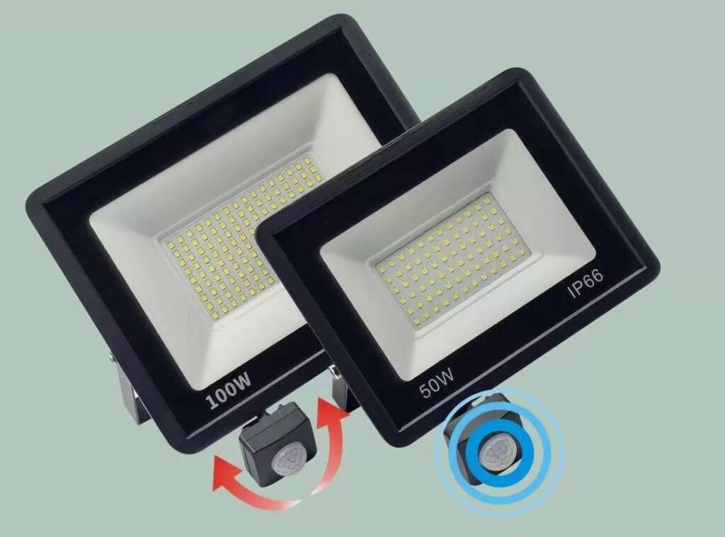 Adjustable PIR sensor head on 100W and 50W LED floodlights