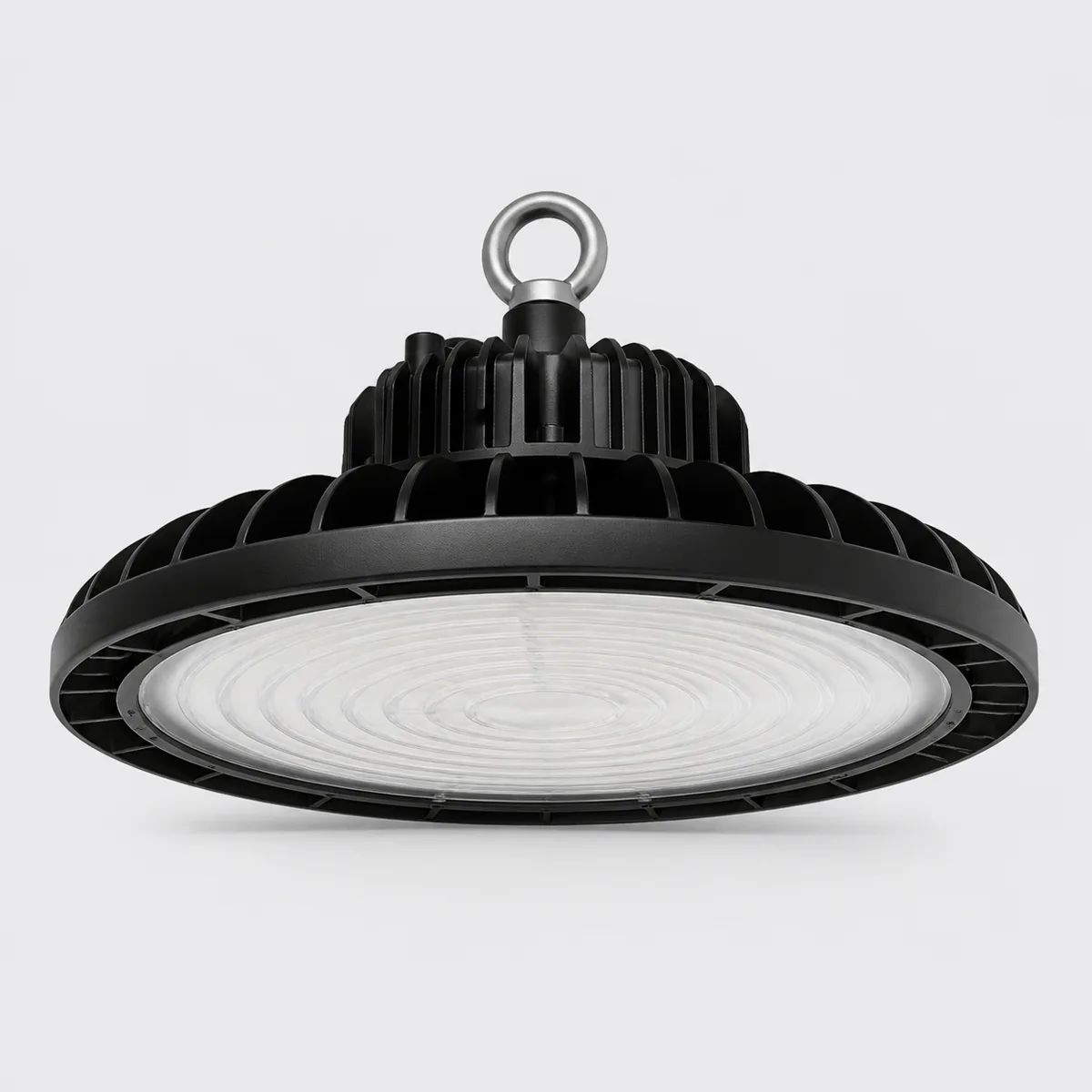 Representative black UFO LED high bay light on a light background