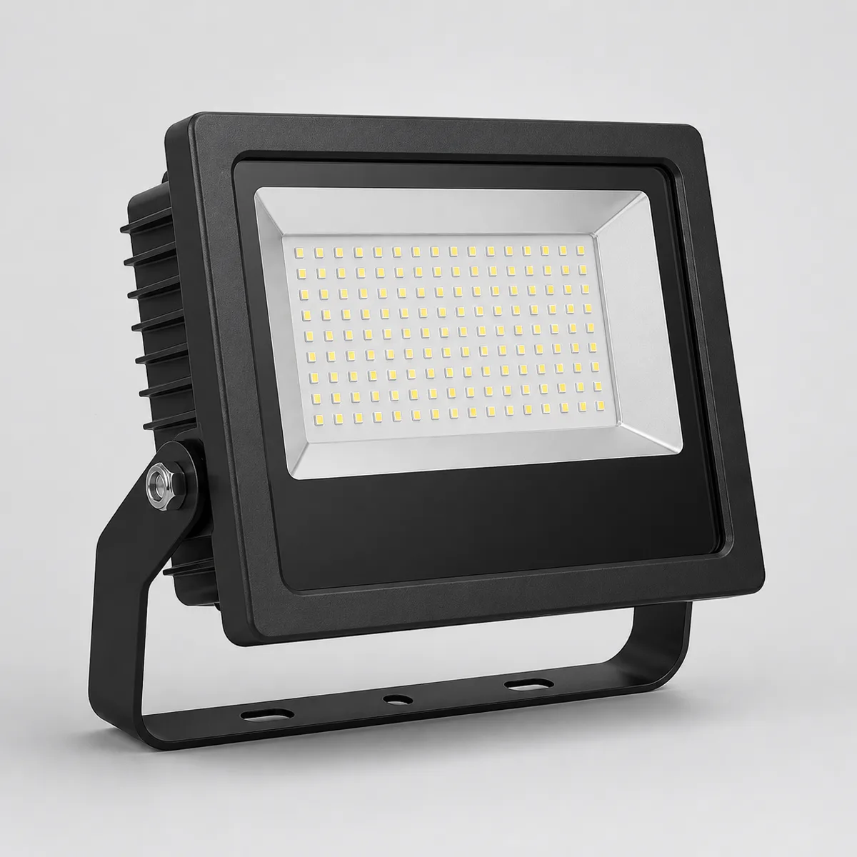 Representative black outdoor LED floodlight with mounting bracket on a light background