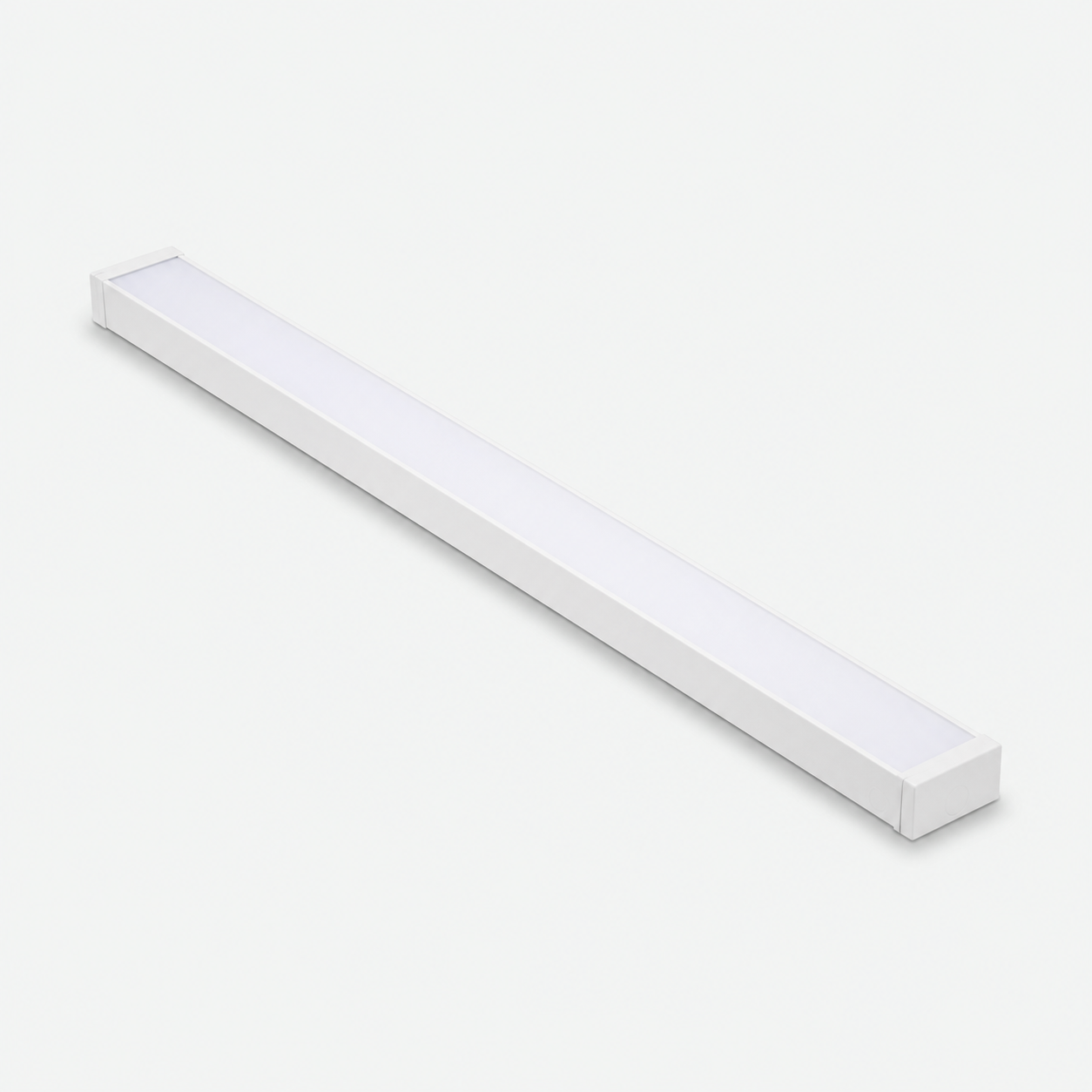 Representative white linear LED batten light on a light studio background