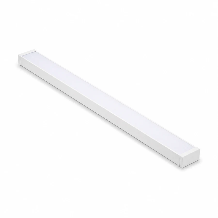 Representative white linear LED batten light on a pure white background