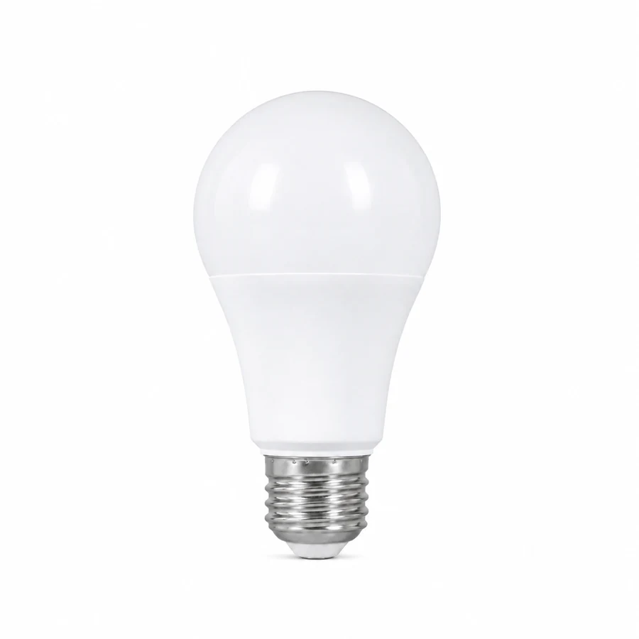 Representative white A60 LED bulb on a pure white background