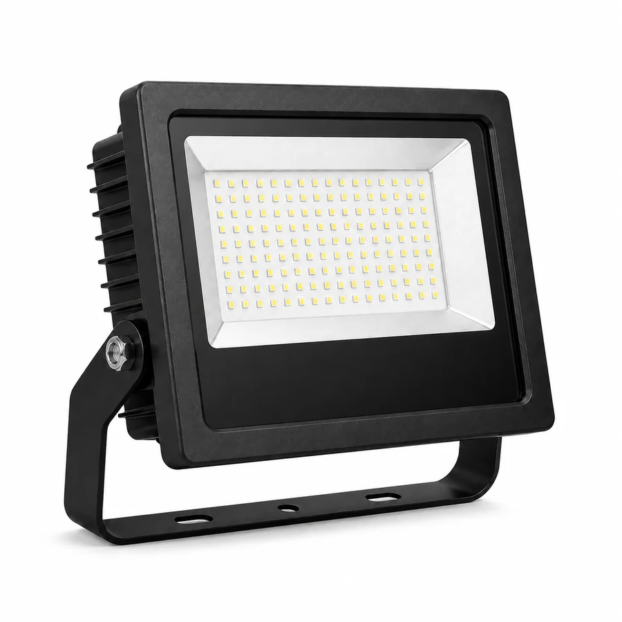 Representative black outdoor LED floodlight on a pure white background
