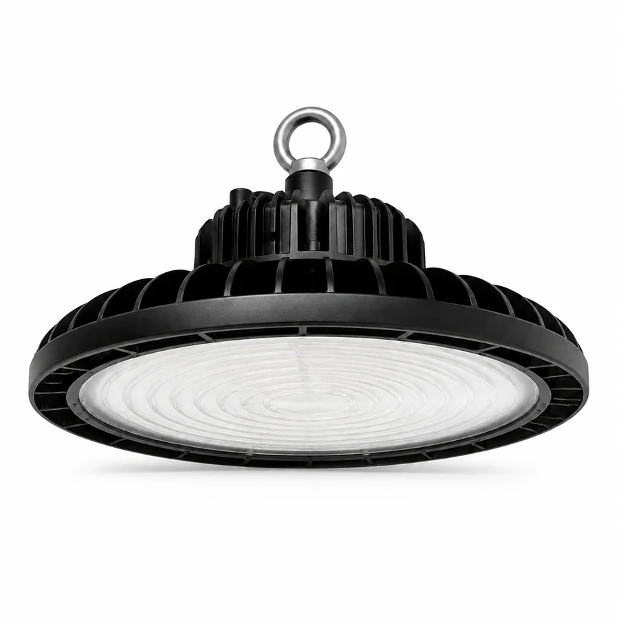 Representative black UFO LED high bay light on a pure white background