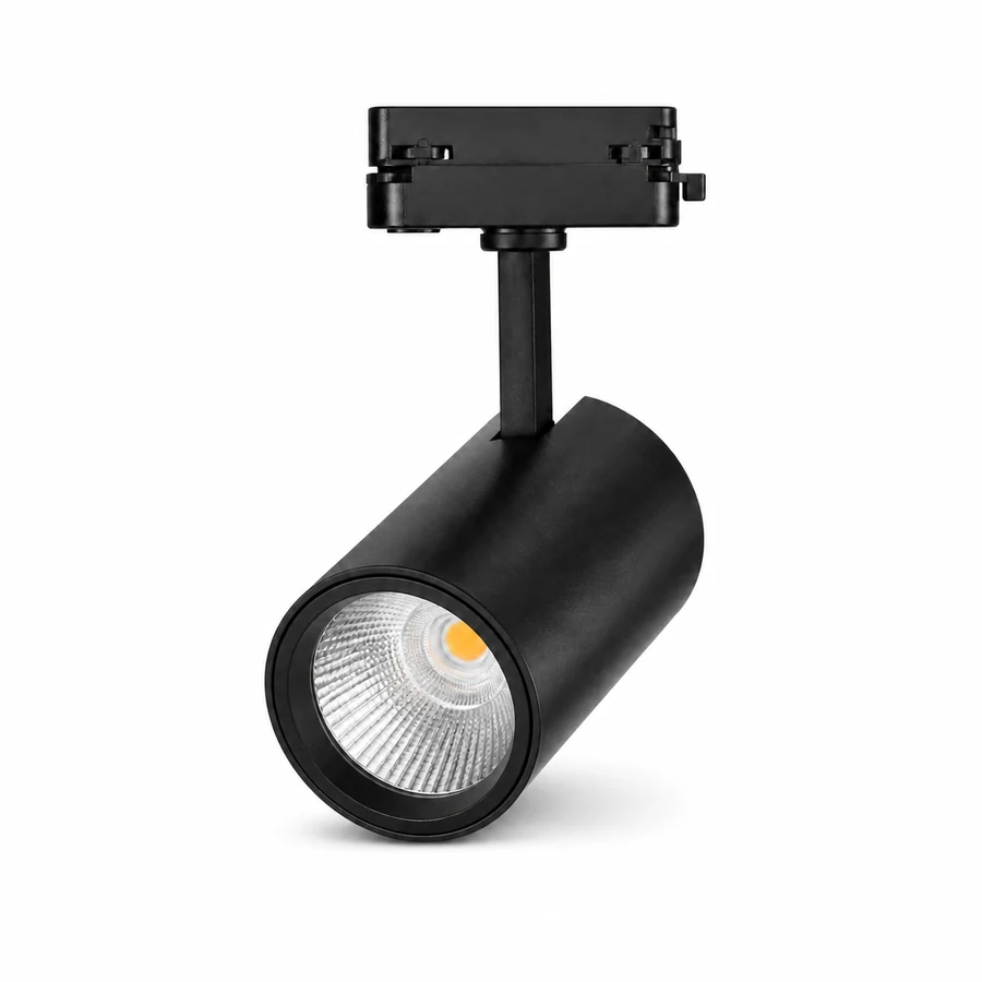 Representative black cylindrical LED track light on a pure white background